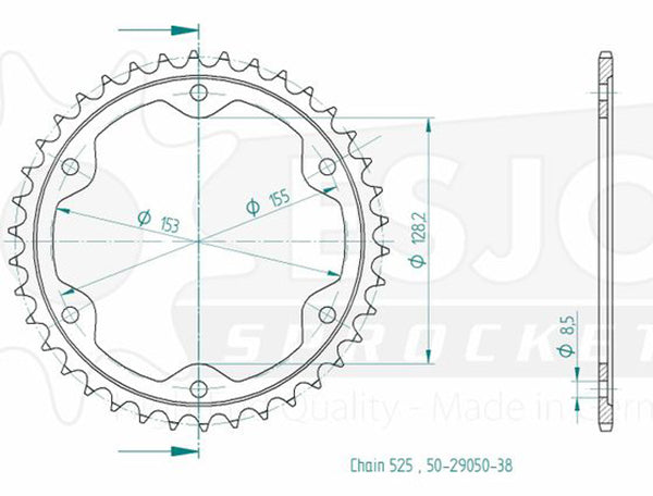 Couronne Acier 38 Dents - Pas 525 - Similaire JTR893