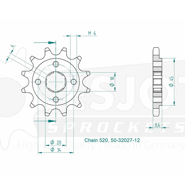 Pignon 12 Dents - Pas 520 - Similaire JTF270
