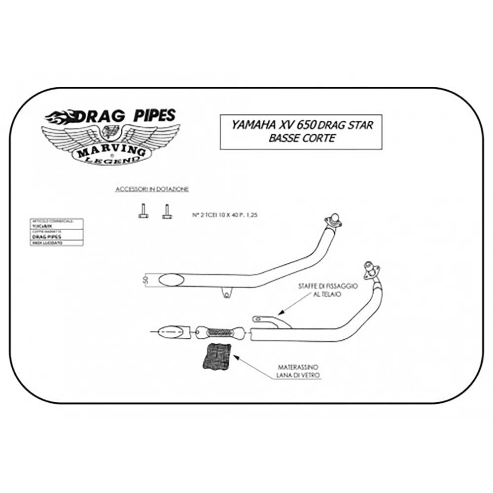 Echap. DRAG PIPES XVS 650 Ligne Complète Non Homologuée Sil. Inox Ø50 Courts Pos.Basse