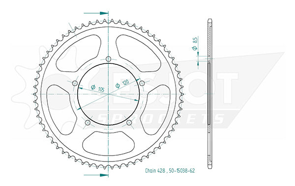 Couronne Acier 62 Dents - Pas 428 - Similaire JTR5213