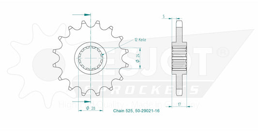 Pignon 16 Dents - Pas 525 - Similaire JTF1371