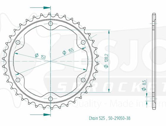 Couronne Acier 38 Dents - Pas 525 - Similaire JTR893