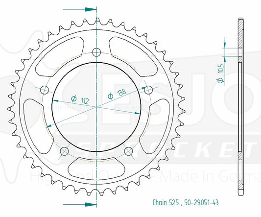 Couronne Acier 43 Dents - Pas 525 - Similaire JTR1877