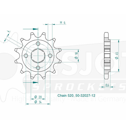 Pignon 12 Dents - Pas 520 - Similaire JTF270