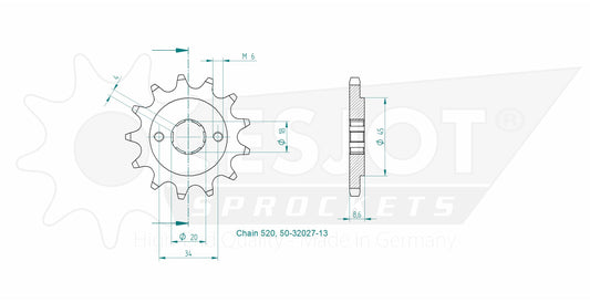 Pignon 13 Dents - Pas 520 - Similaire JTF270