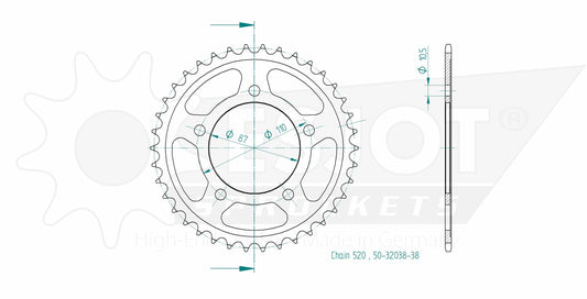 Couronne Acier 38 Dents - Pas 520 - Similaire JTR823