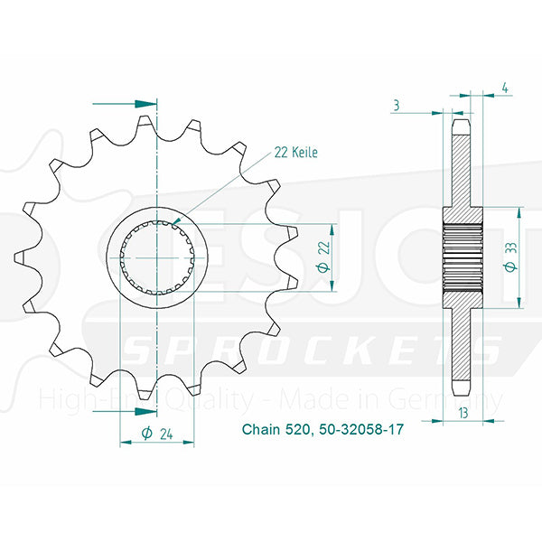 Pignon 17 Dents - Pas 520 - Similaire JTF1126