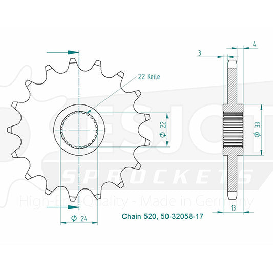 Pignon 17 Dents - Pas 520 - Similaire JTF1126